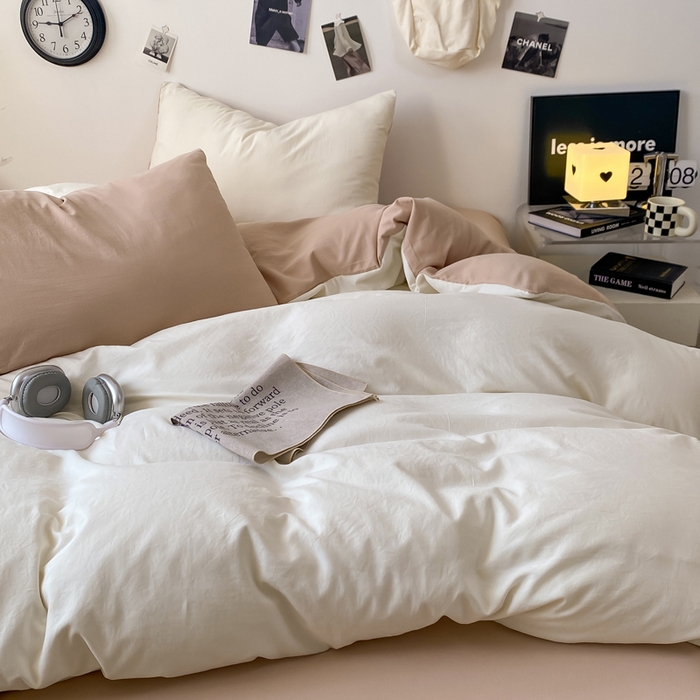 91家纺网 家纺一手货源 找家纺 夜笙家纺 2025新款水洗棉纯色双拼四件套 双拼-奶茶啵啵