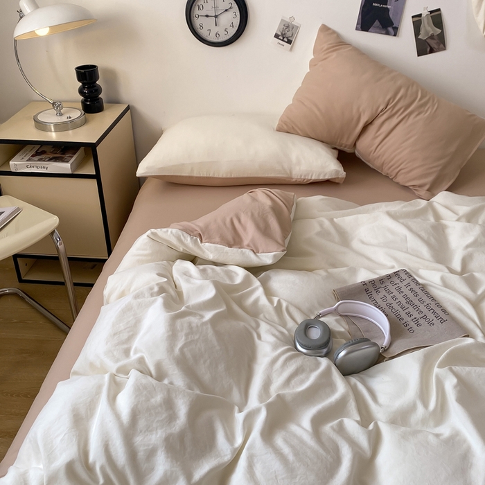 91家纺网 家纺一手货源 找家纺 夜笙家纺 2025新款水洗棉纯色双拼四件套 双拼-奶茶啵啵