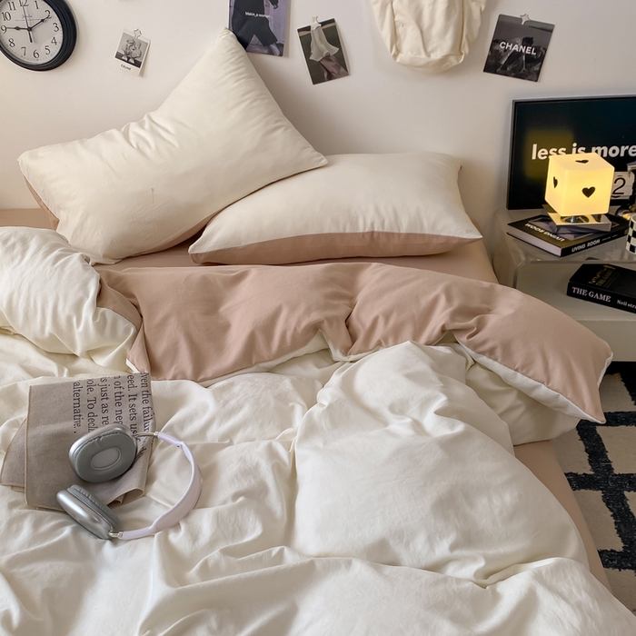 91家纺网 家纺一手货源 找家纺 夜笙家纺 2025新款水洗棉纯色双拼四件套 双拼-奶茶啵啵