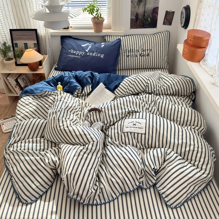 觅糖家纺 2025新款全棉纯棉三角针刺绣款四件套 条纹-静谧