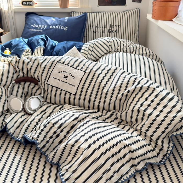 91家纺网 家纺一手货源 找家纺 觅糖家纺 2025新款全棉纯棉三角针刺绣款四件套 条纹-静谧