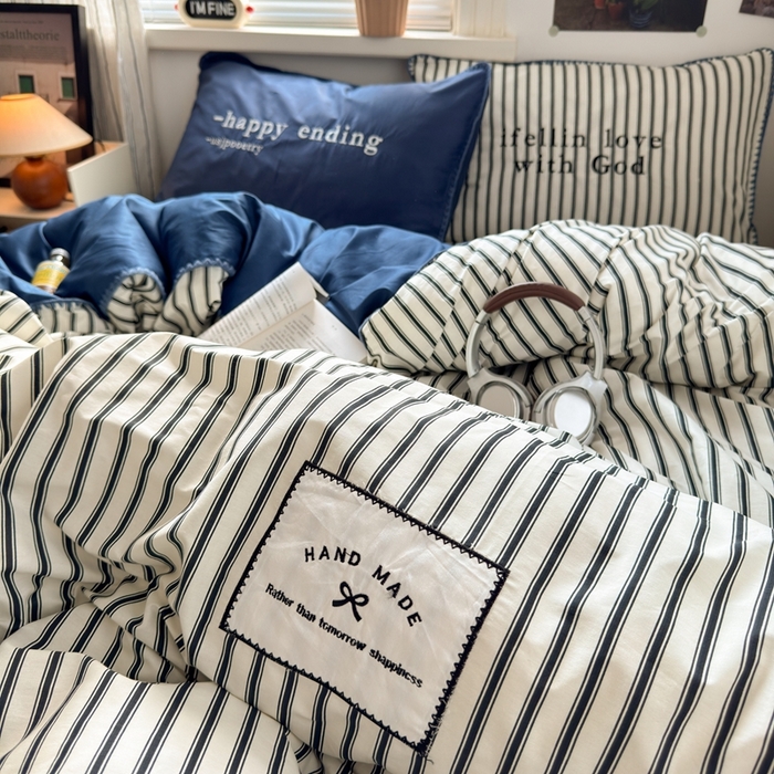 91家纺网 家纺一手货源 找家纺 觅糖家纺 2025新款全棉纯棉三角针刺绣款四件套 条纹-静谧