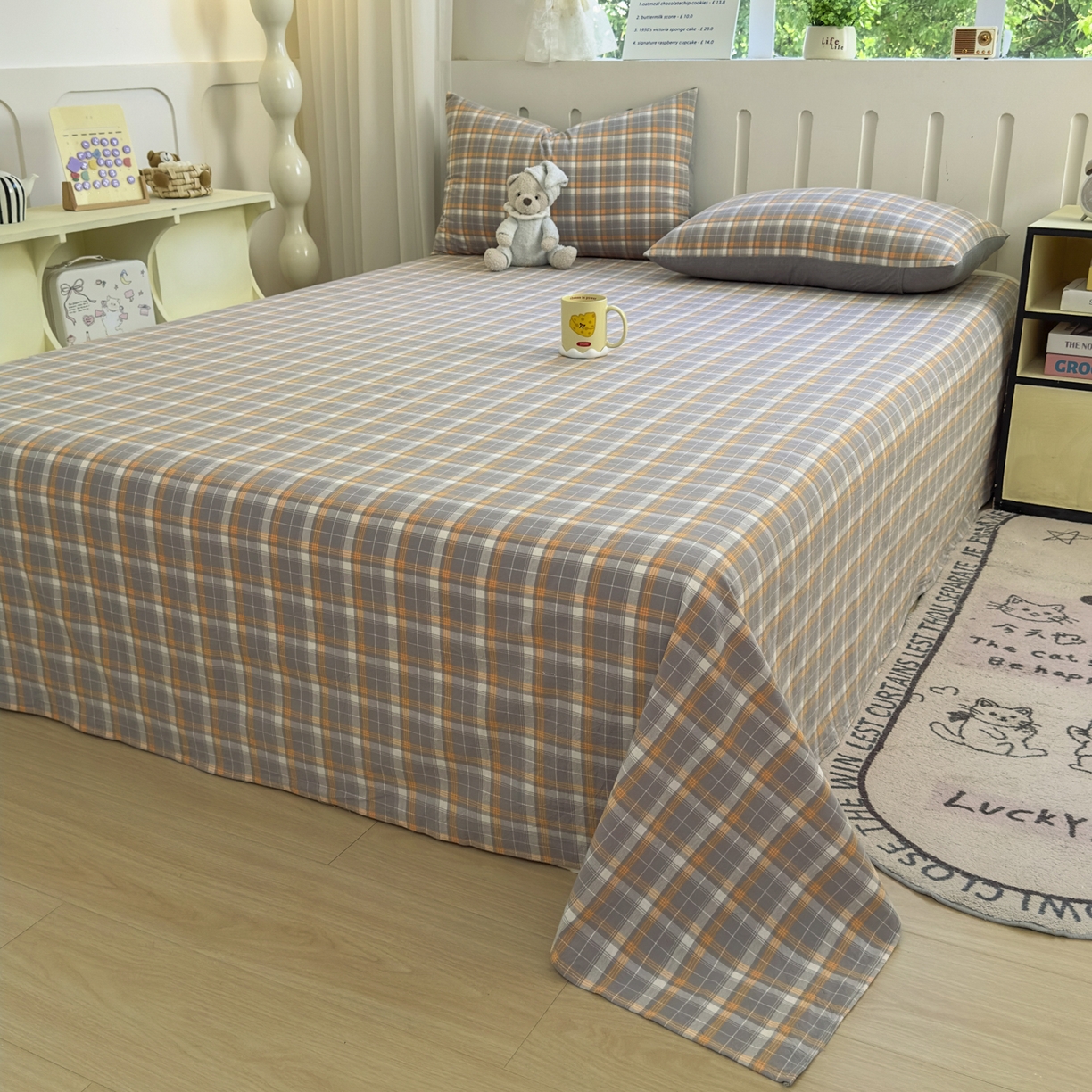 91家纺网 家纺一手货源 找家纺 晚依家纺 2025新款A类色织全棉水洗棉床单单件纯棉格子纯色学生宿舍定制定做 映像格-橙灰