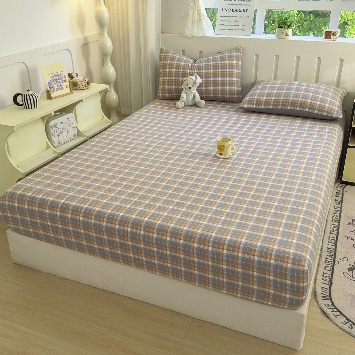 91家纺网 家纺一手货源 找家纺 晚依家纺 2025新款A类色织全棉水洗棉床单单件纯棉格子纯色学生宿舍定制定做 映像格-橙灰