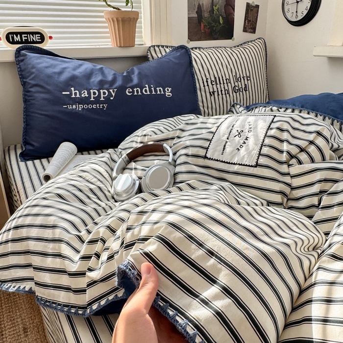 91家纺网 家纺一手货源 找家纺 觅糖家纺 2025新款全棉纯棉三角针刺绣款四件套 条纹-静谧