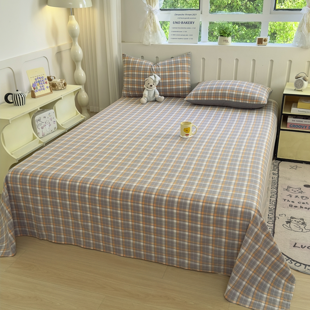 91家纺网 家纺一手货源 找家纺 晚依家纺 2025新款A类色织全棉水洗棉床单单件纯棉格子纯色学生宿舍定制定做 映像格-橙灰