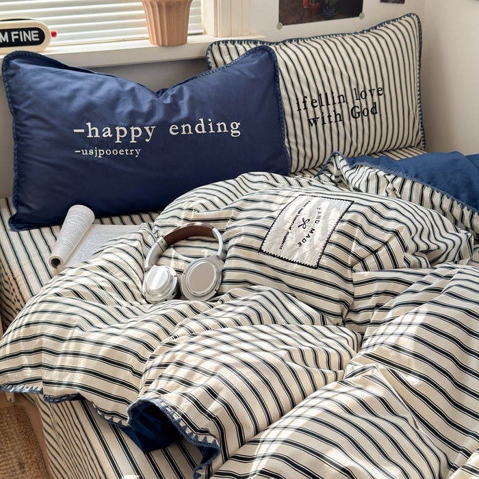 91家纺网 家纺一手货源 找家纺 觅糖家纺 2025新款全棉纯棉三角针刺绣款四件套 条纹-静谧