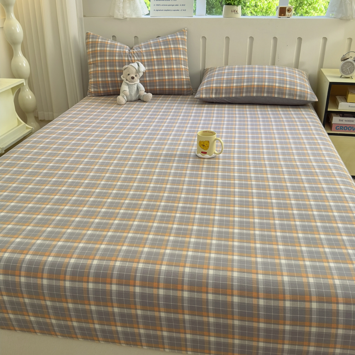 91家纺网 家纺一手货源 找家纺 晚依家纺 2025新款A类色织全棉水洗棉床单单件纯棉格子纯色学生宿舍定制定做 映像格-橙灰