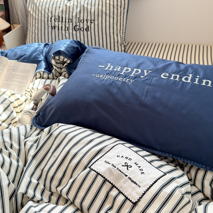 91家纺网 家纺一手货源 找家纺 觅糖家纺 2025新款全棉纯棉三角针刺绣款四件套 条纹-静谧