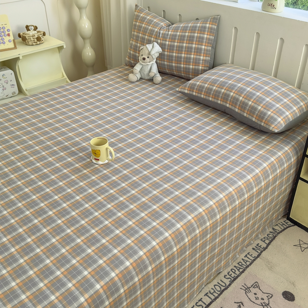 91家纺网 家纺一手货源 找家纺 晚依家纺 2025新款A类色织全棉水洗棉床单单件纯棉格子纯色学生宿舍定制定做 映像格-橙灰