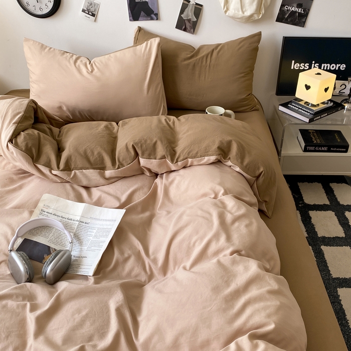 夜笙家纺 2025新款水洗棉纯色双拼四件套 双拼-奶茶摩卡