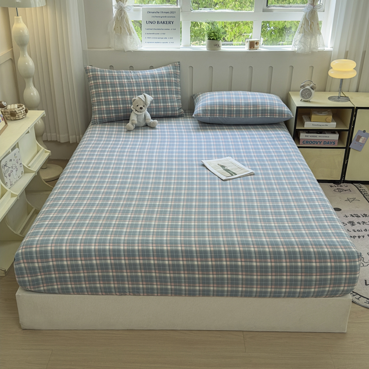 91家纺网 家纺一手货源 找家纺 晚依家纺 2025新款A类色织全棉水洗棉床单单件纯棉格子纯色学生宿舍定制定做 映像格-蓝