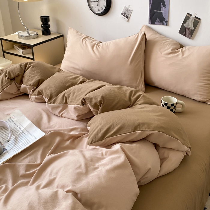 91家纺网 家纺一手货源 找家纺 夜笙家纺 2025新款水洗棉纯色双拼四件套 双拼-奶茶摩卡