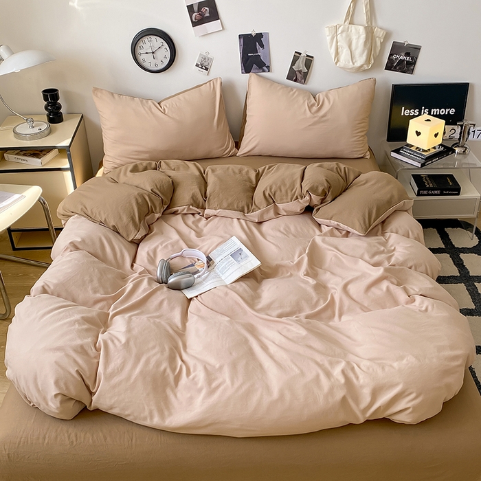 91家纺网 家纺一手货源 找家纺 夜笙家纺 2025新款水洗棉纯色双拼四件套 双拼-奶茶摩卡