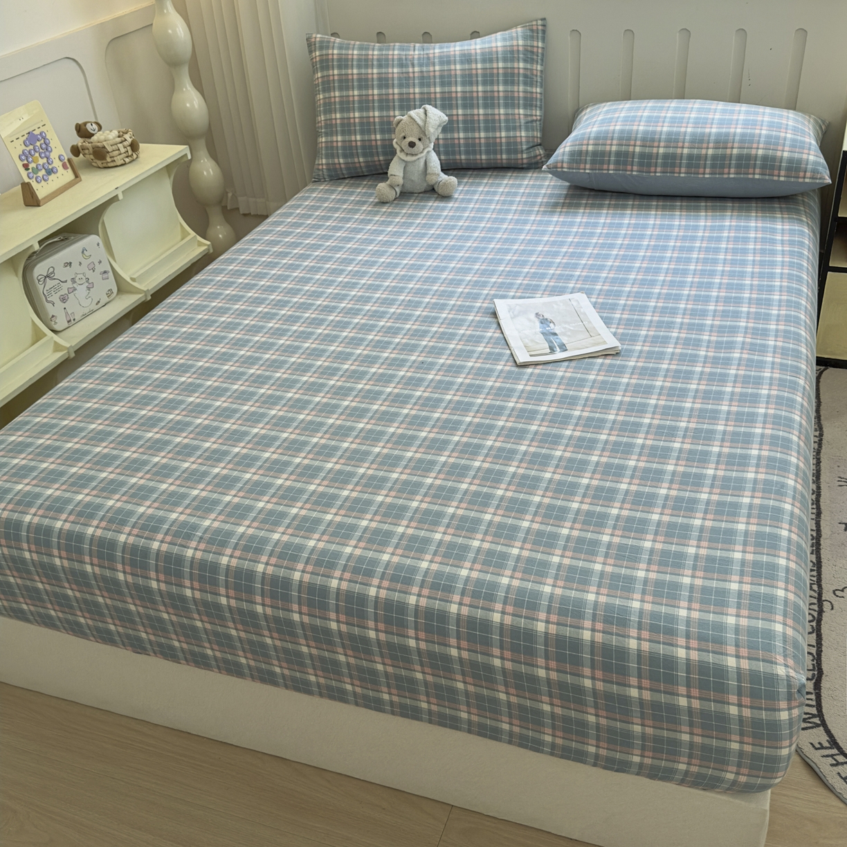 91家纺网 家纺一手货源 找家纺 晚依家纺 2025新款A类色织全棉水洗棉床单单件纯棉格子纯色学生宿舍定制定做 映像格-蓝