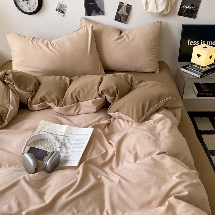 91家纺网 家纺一手货源 找家纺 夜笙家纺 2025新款水洗棉纯色双拼四件套 双拼-奶茶摩卡