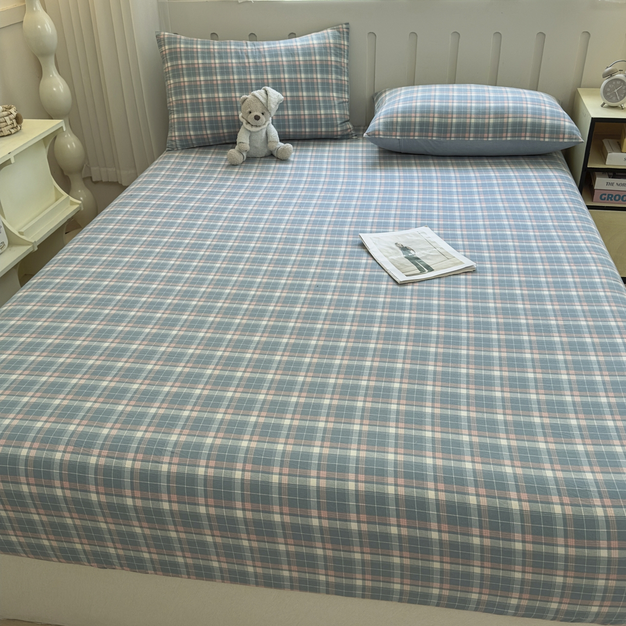 91家纺网 家纺一手货源 找家纺 晚依家纺 2025新款A类色织全棉水洗棉床单单件纯棉格子纯色学生宿舍定制定做 映像格-蓝