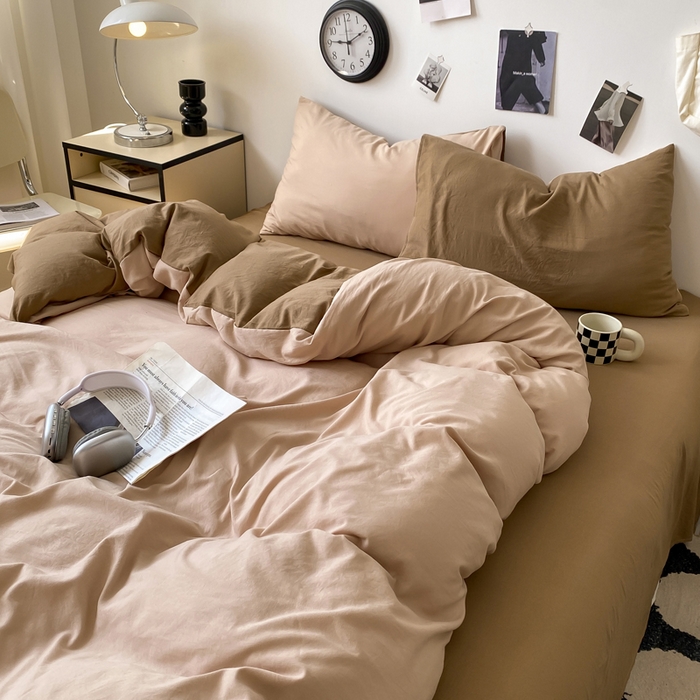 91家纺网 家纺一手货源 找家纺 夜笙家纺 2025新款水洗棉纯色双拼四件套 双拼-奶茶摩卡