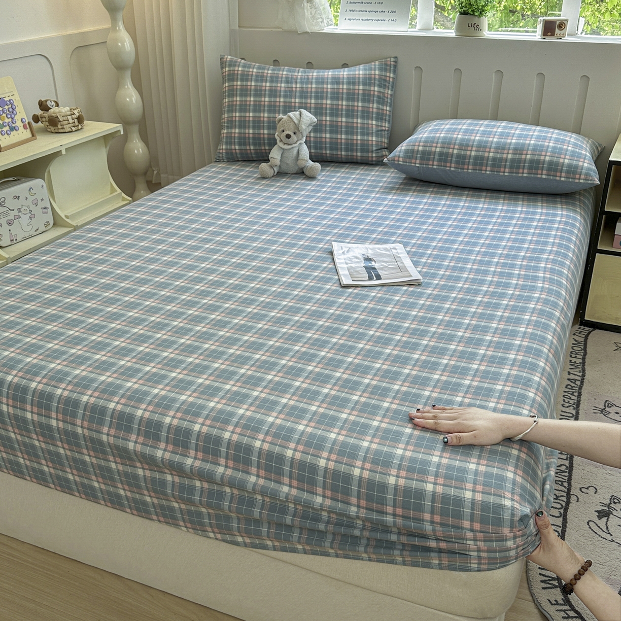 91家纺网 家纺一手货源 找家纺 晚依家纺 2025新款A类色织全棉水洗棉床单单件纯棉格子纯色学生宿舍定制定做 映像格-蓝