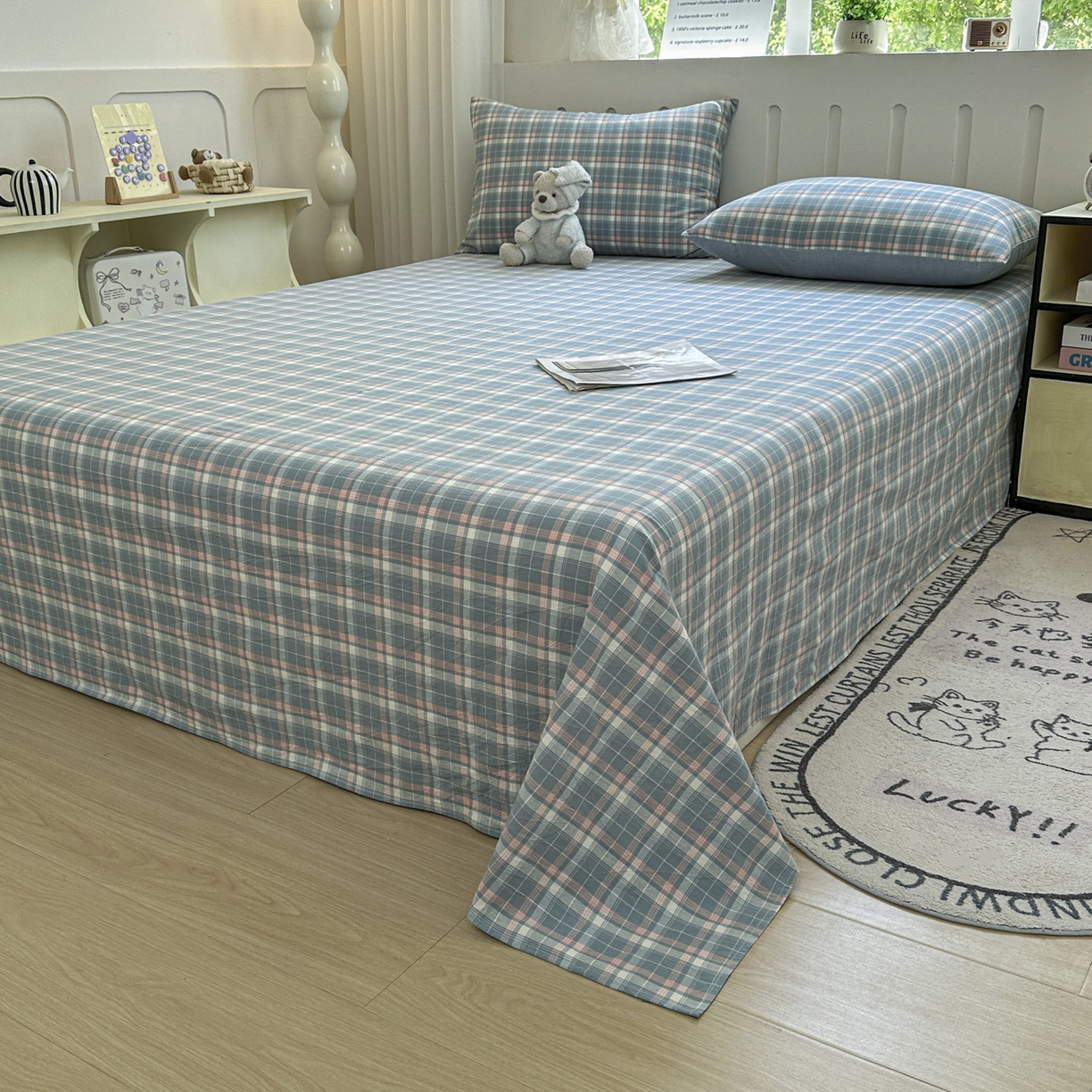 91家纺网 家纺一手货源 找家纺 晚依家纺 2025新款A类色织全棉水洗棉床单单件纯棉格子纯色学生宿舍定制定做 映像格-蓝