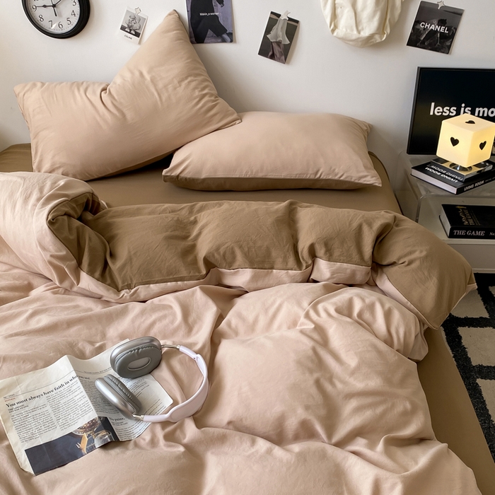 91家纺网 家纺一手货源 找家纺 夜笙家纺 2025新款水洗棉纯色双拼四件套 双拼-奶茶摩卡