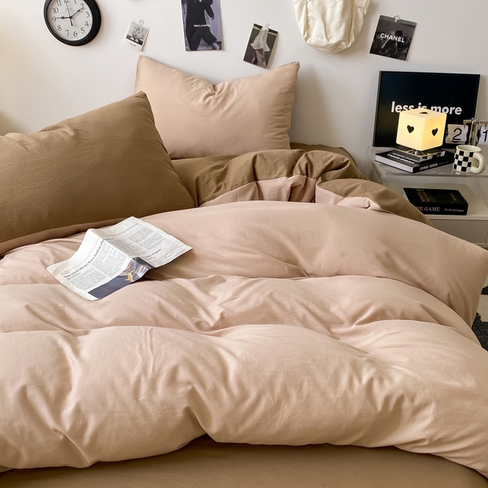 91家纺网 家纺一手货源 找家纺 夜笙家纺 2025新款水洗棉纯色双拼四件套 双拼-奶茶摩卡