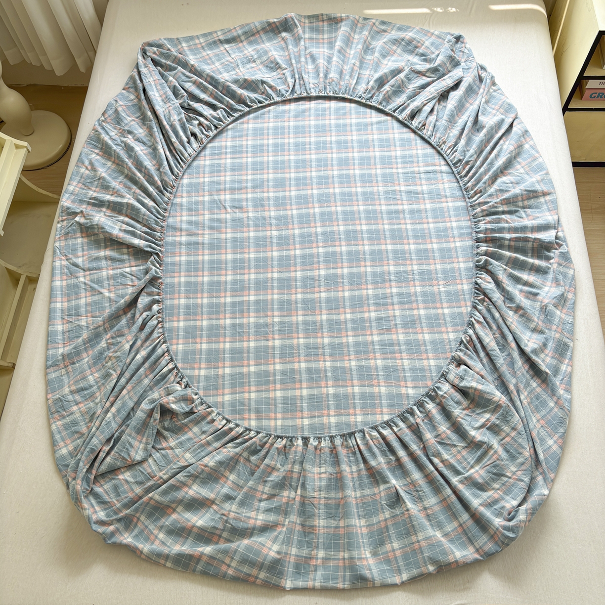 91家纺网 家纺一手货源 找家纺 晚依家纺 2025新款A类色织全棉水洗棉床单单件纯棉格子纯色学生宿舍定制定做 映像格-蓝