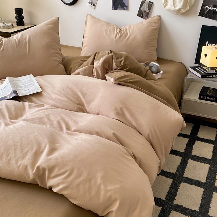 91家纺网 家纺一手货源 找家纺 夜笙家纺 2025新款水洗棉纯色双拼四件套 双拼-奶茶摩卡