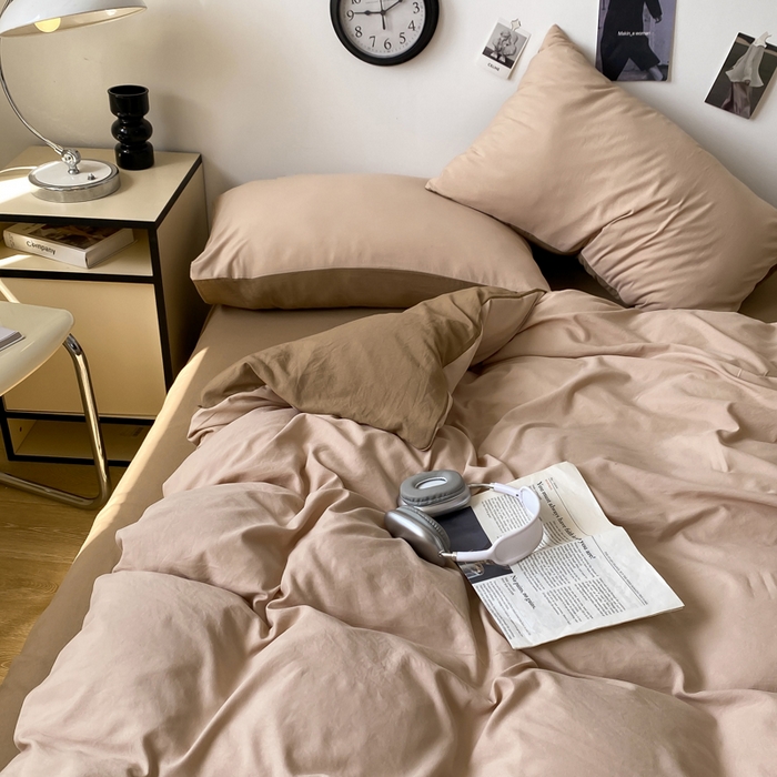 91家纺网 家纺一手货源 找家纺 夜笙家纺 2025新款水洗棉纯色双拼四件套 双拼-奶茶摩卡