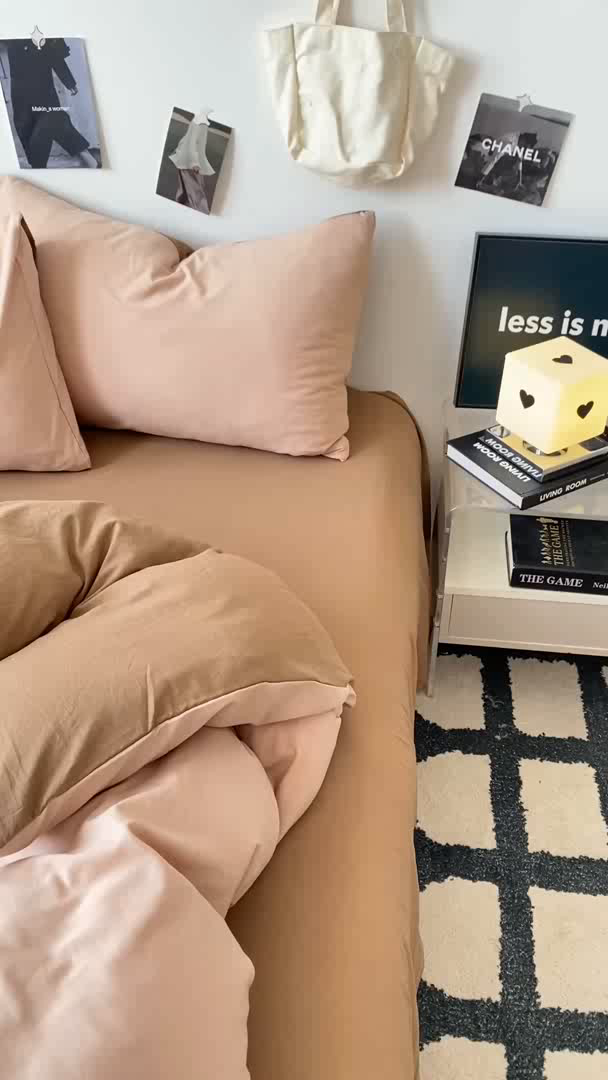 91家纺网 家纺一手货源 找家纺 夜笙家纺 2025新款水洗棉纯色双拼四件套 双拼-奶茶摩卡