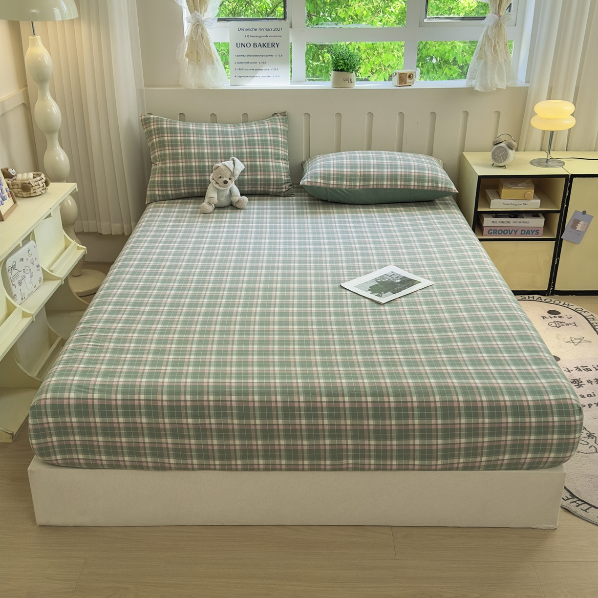 91家纺网 家纺一手货源 找家纺 晚依家纺 2025新款A类色织全棉水洗棉床单单件纯棉格子纯色学生宿舍定制定做 映像格-绿