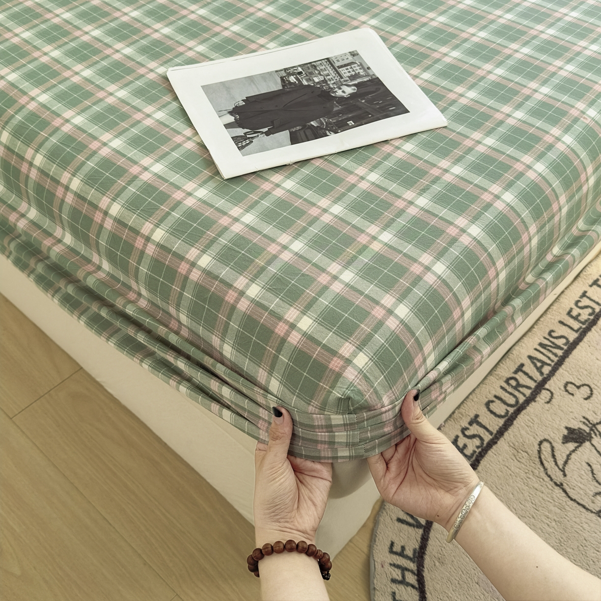 91家纺网 家纺一手货源 找家纺 晚依家纺 2025新款A类色织全棉水洗棉床单单件纯棉格子纯色学生宿舍定制定做 映像格-绿