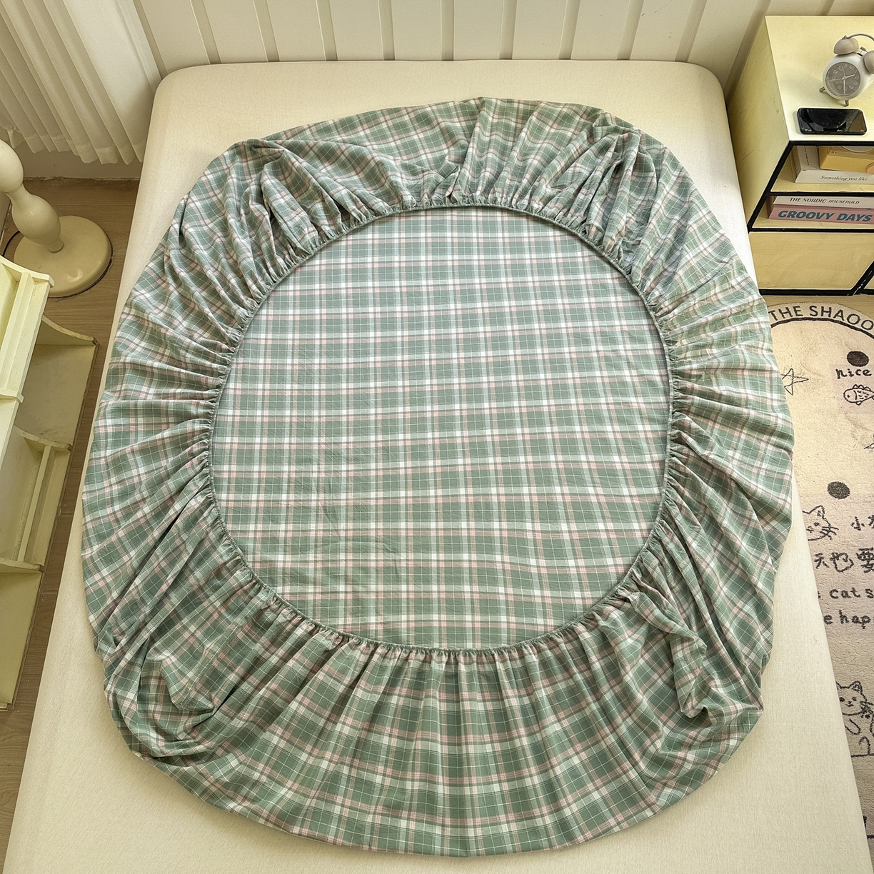 91家纺网 家纺一手货源 找家纺 晚依家纺 2025新款A类色织全棉水洗棉床单单件纯棉格子纯色学生宿舍定制定做 映像格-绿