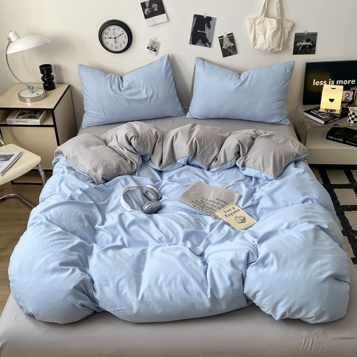 91家纺网 家纺一手货源 找家纺 夜笙家纺 2025新款水洗棉纯色双拼四件套 双拼-天空蓝灰