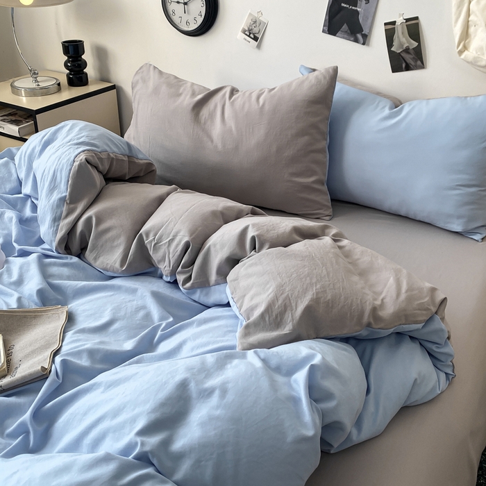91家纺网 家纺一手货源 找家纺 夜笙家纺 2025新款水洗棉纯色双拼四件套 双拼-天空蓝灰