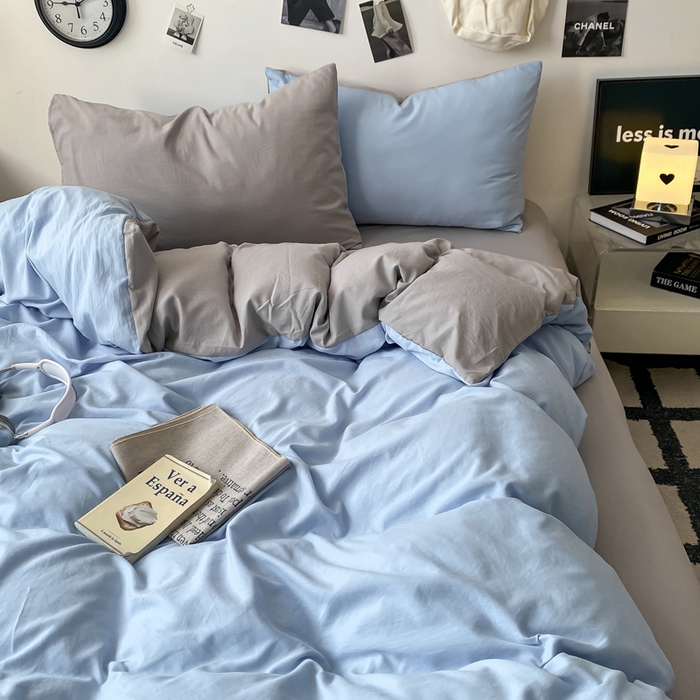 91家纺网 家纺一手货源 找家纺 夜笙家纺 2025新款水洗棉纯色双拼四件套 双拼-天空蓝灰