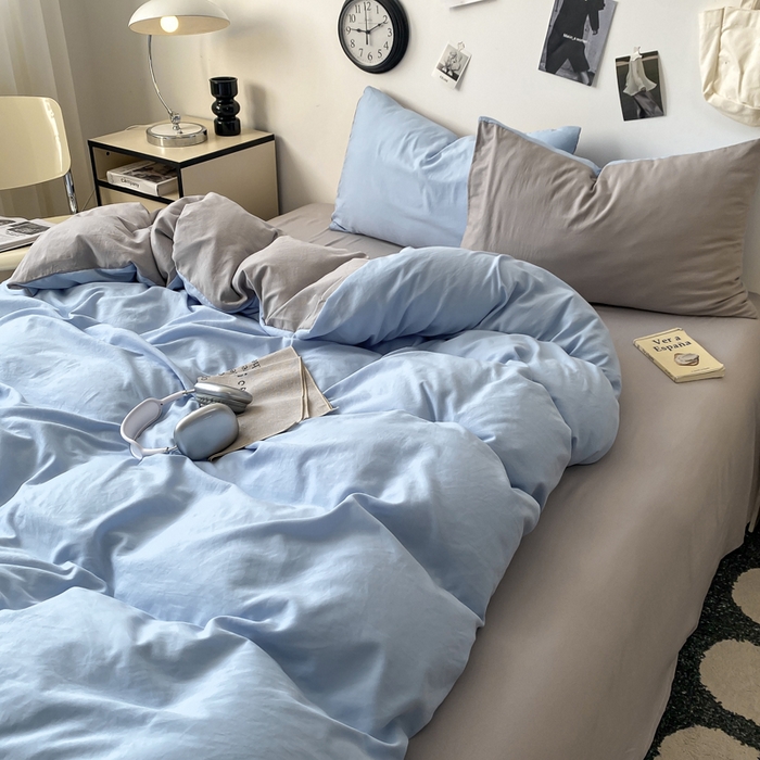 91家纺网 家纺一手货源 找家纺 夜笙家纺 2025新款水洗棉纯色双拼四件套 双拼-天空蓝灰