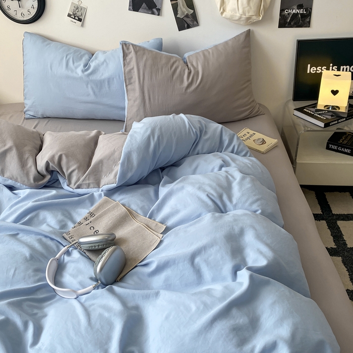 91家纺网 家纺一手货源 找家纺 夜笙家纺 2025新款水洗棉纯色双拼四件套 双拼-天空蓝灰