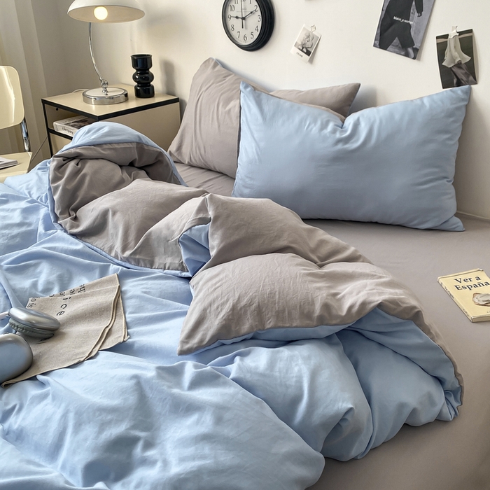 91家纺网 家纺一手货源 找家纺 夜笙家纺 2025新款水洗棉纯色双拼四件套 双拼-天空蓝灰