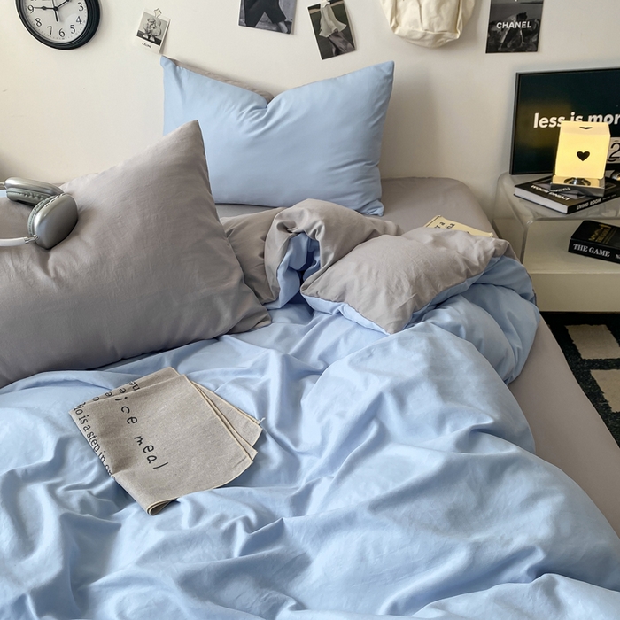 91家纺网 家纺一手货源 找家纺 夜笙家纺 2025新款水洗棉纯色双拼四件套 双拼-天空蓝灰