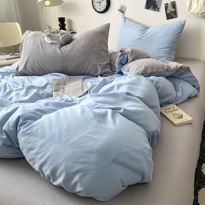 91家纺网 家纺一手货源 找家纺 夜笙家纺 2025新款水洗棉纯色双拼四件套 双拼-天空蓝灰