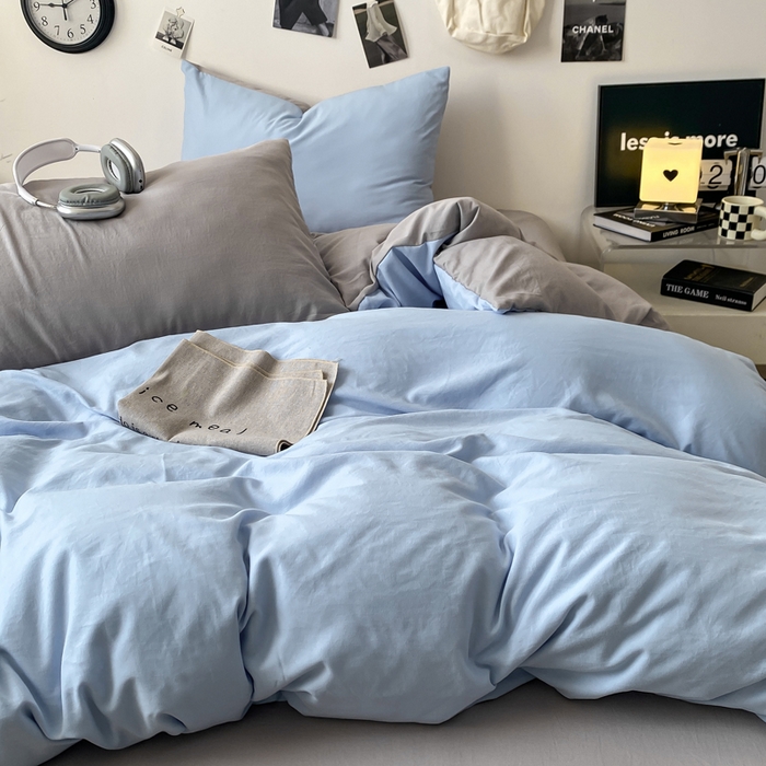 91家纺网 家纺一手货源 找家纺 夜笙家纺 2025新款水洗棉纯色双拼四件套 双拼-天空蓝灰
