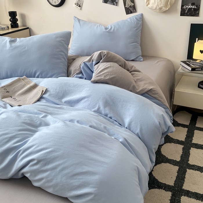 91家纺网 家纺一手货源 找家纺 夜笙家纺 2025新款水洗棉纯色双拼四件套 双拼-天空蓝灰
