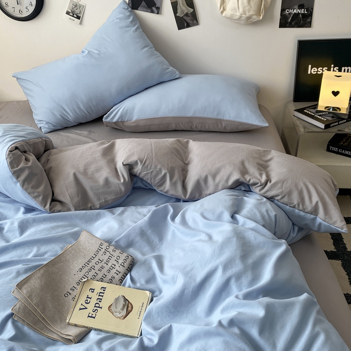 91家纺网 家纺一手货源 找家纺 夜笙家纺 2025新款水洗棉纯色双拼四件套 双拼-天空蓝灰