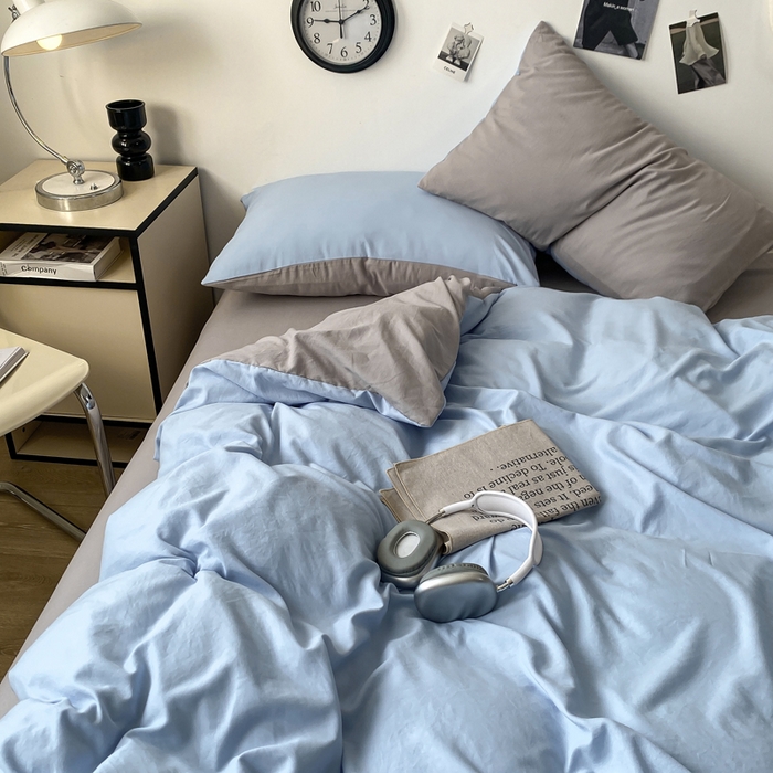 91家纺网 家纺一手货源 找家纺 夜笙家纺 2025新款水洗棉纯色双拼四件套 双拼-天空蓝灰