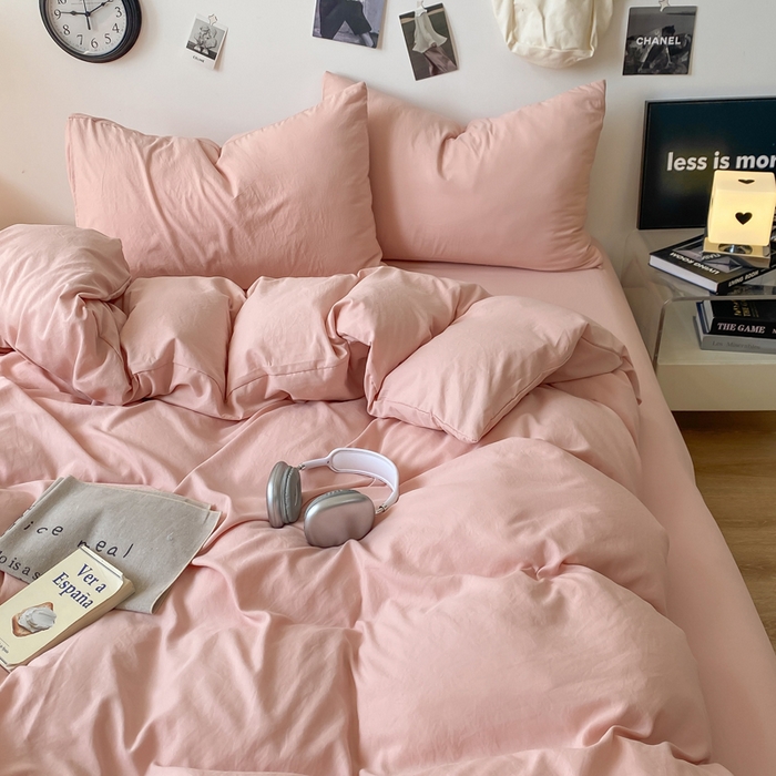 夜笙家纺 2025新款水洗棉纯色双拼四件套 双拼-胭脂玉