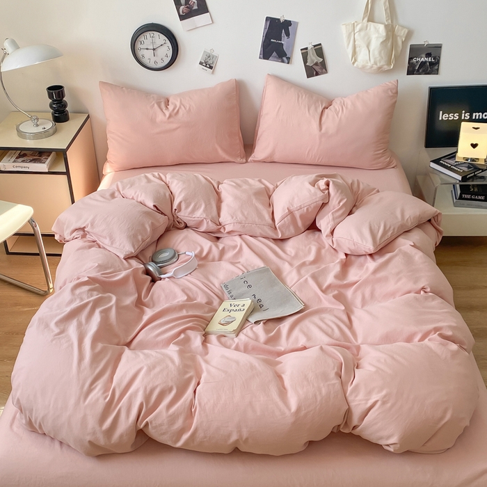 91家纺网 家纺一手货源 找家纺 夜笙家纺 2025新款水洗棉纯色双拼四件套 双拼-胭脂玉