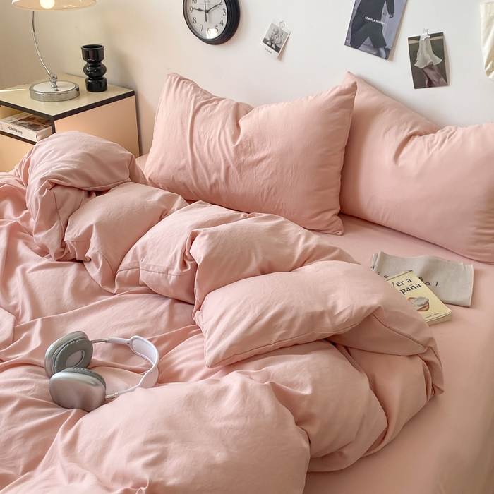 91家纺网 家纺一手货源 找家纺 夜笙家纺 2025新款水洗棉纯色双拼四件套 双拼-胭脂玉