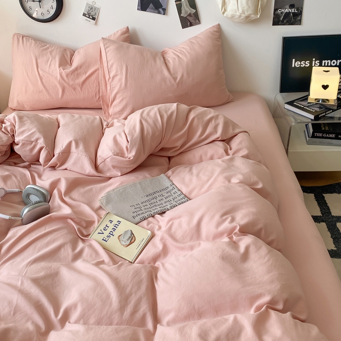 91家纺网 家纺一手货源 找家纺 夜笙家纺 2025新款水洗棉纯色双拼四件套 双拼-胭脂玉