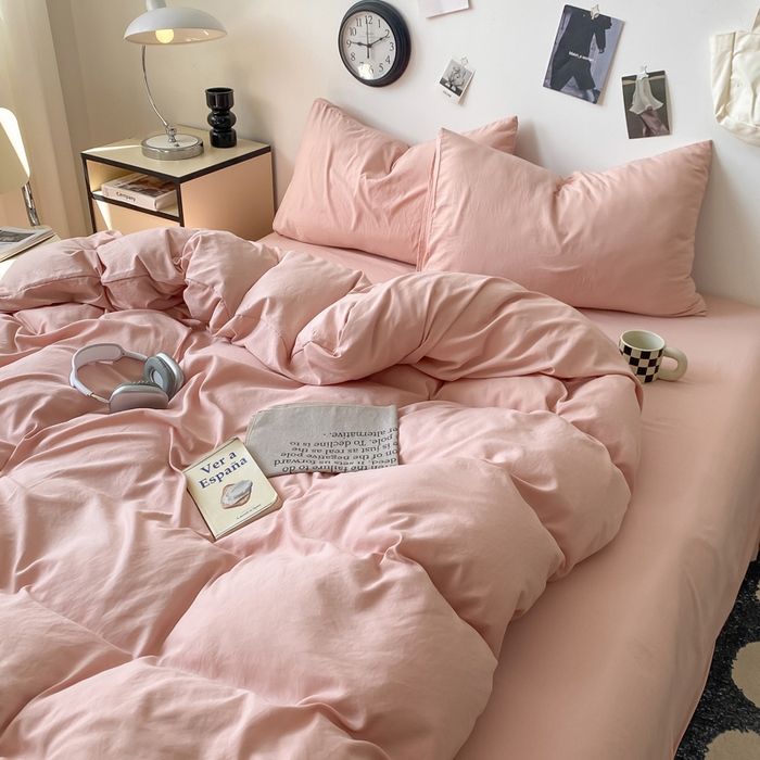 91家纺网 家纺一手货源 找家纺 夜笙家纺 2025新款水洗棉纯色双拼四件套 双拼-胭脂玉